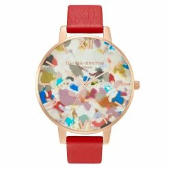 Olivia Burton Pop Art Red Leather And Stainless Steel Bracelet Watch Women