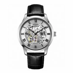 Rotary Greenwich Black Leather Watch Men Silver Mix