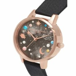 Olivia Burton Planet Black Leather Watch Women Golden Rose