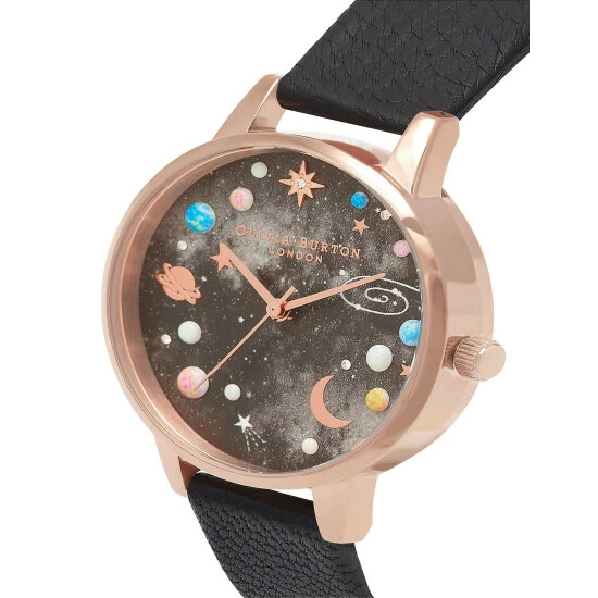 Olivia Burton Planet Black Leather Watch Women Golden Rose 3 Olivia Burton Planet Black Leather Watch Women Golden Rose