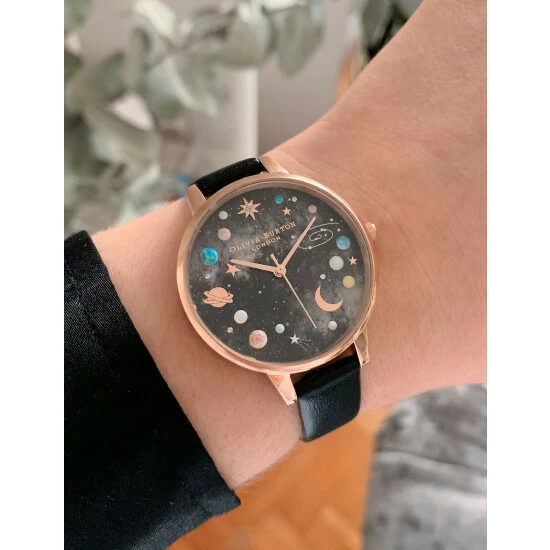 Olivia Burton Planet Black Leather Watch Women Golden Rose 4 Olivia Burton Planet Black Leather Watch Women Golden Rose - Image 2