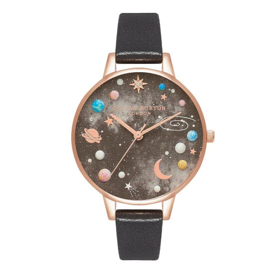 Olivia Burton Planet Black Leather Watch Women Golden Rose 5 Olivia Burton Planet Black Leather Watch Women Golden Rose - Image 3