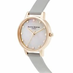 Olivia Burton Mother Of Pearl Grey Leather Quartz Watch Women Golden Rose